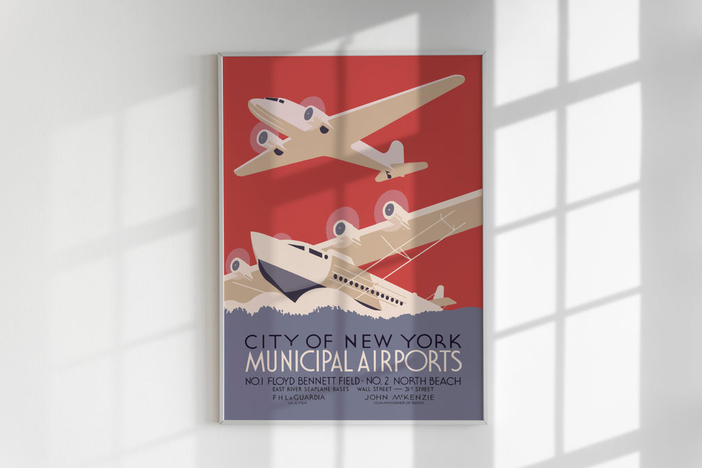 New York City Municipal Airports - White Frame on White Wall with Shadow - Jelly Moose