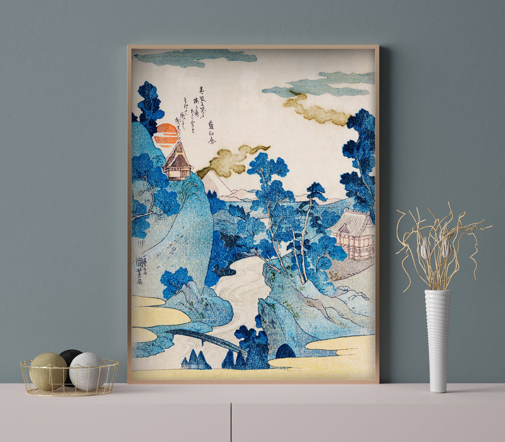 Fuji No Yukei (Evening View of Mount Fuji) - Thin Wood Frame on White Dresser With Grey Wall - Jelly Moose