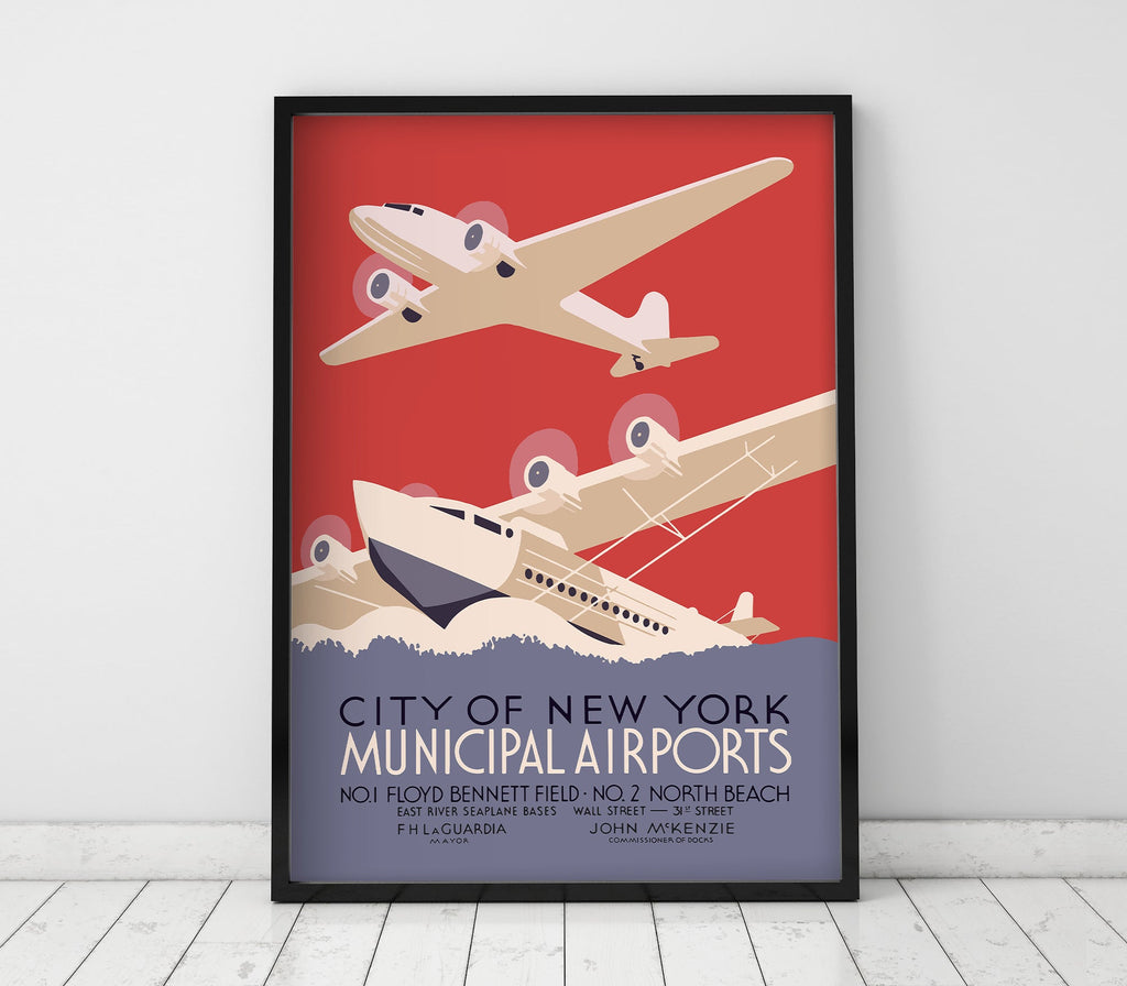 New York City Municipal Airports - Black Frame on Bright White Floor with White Wall - Jelly Moose