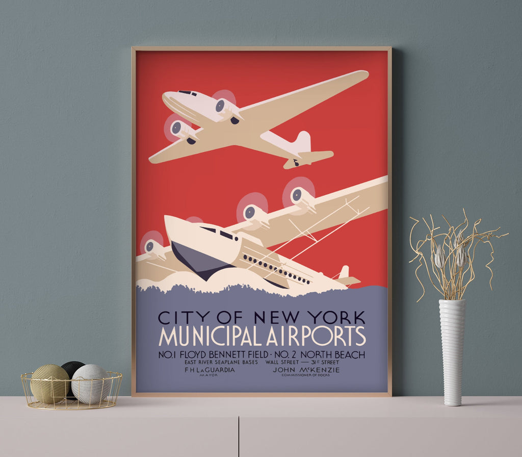 New York City Municipal Airports - Light Coloured Wood Frame on White Dresser with Grey Wall - Jelly Moose