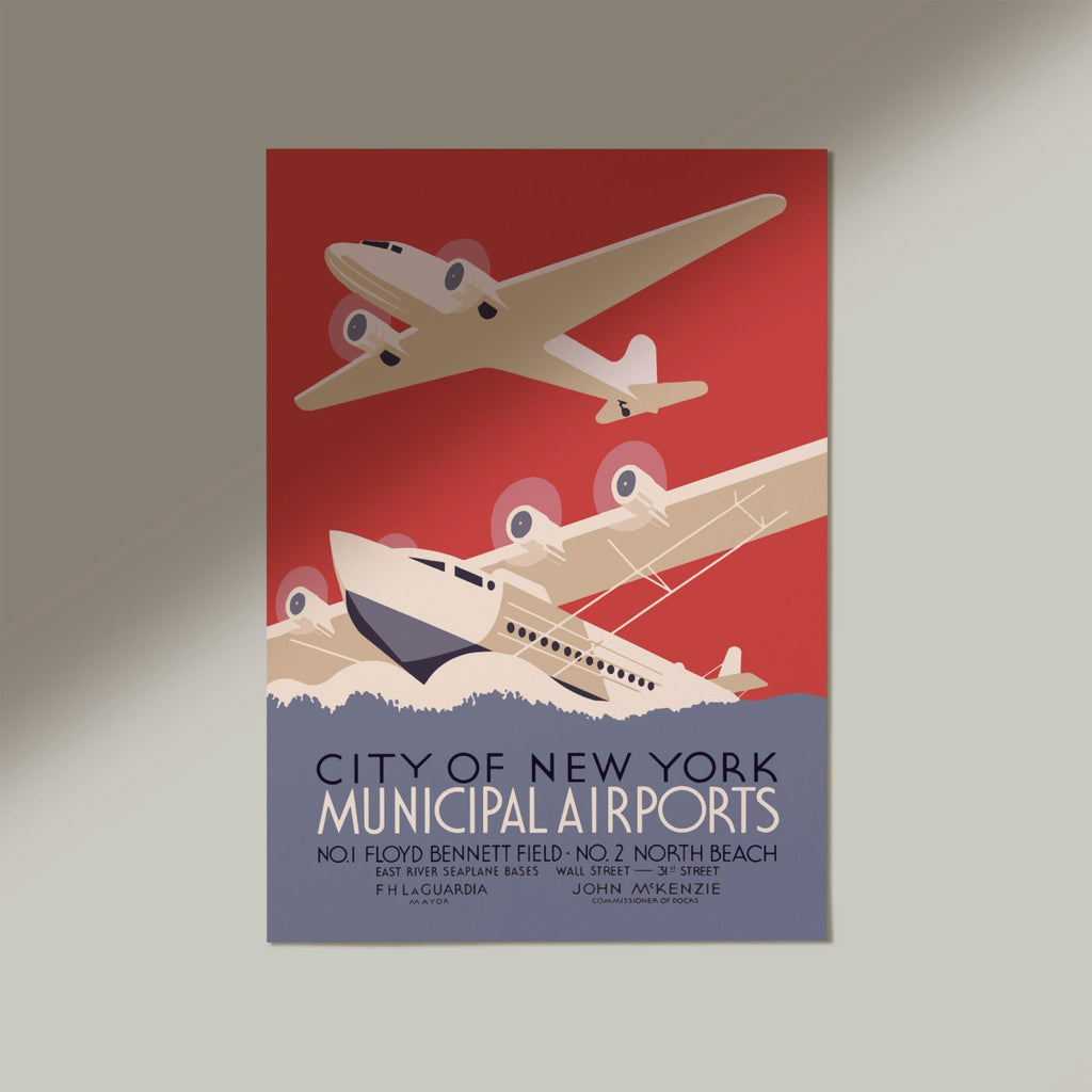 New York City Municipal Airports - Unframed on White Wall with Shadow - Jelly Moose